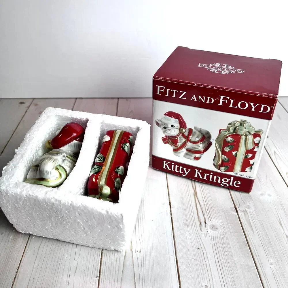Fitz and Floyd Kitty Kringle Salt Pepper Shakers Original Box 2009 Discontinued